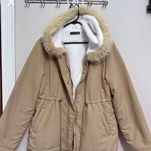 SHEIN Tan Faux Fur Hooded Puffer Jacket